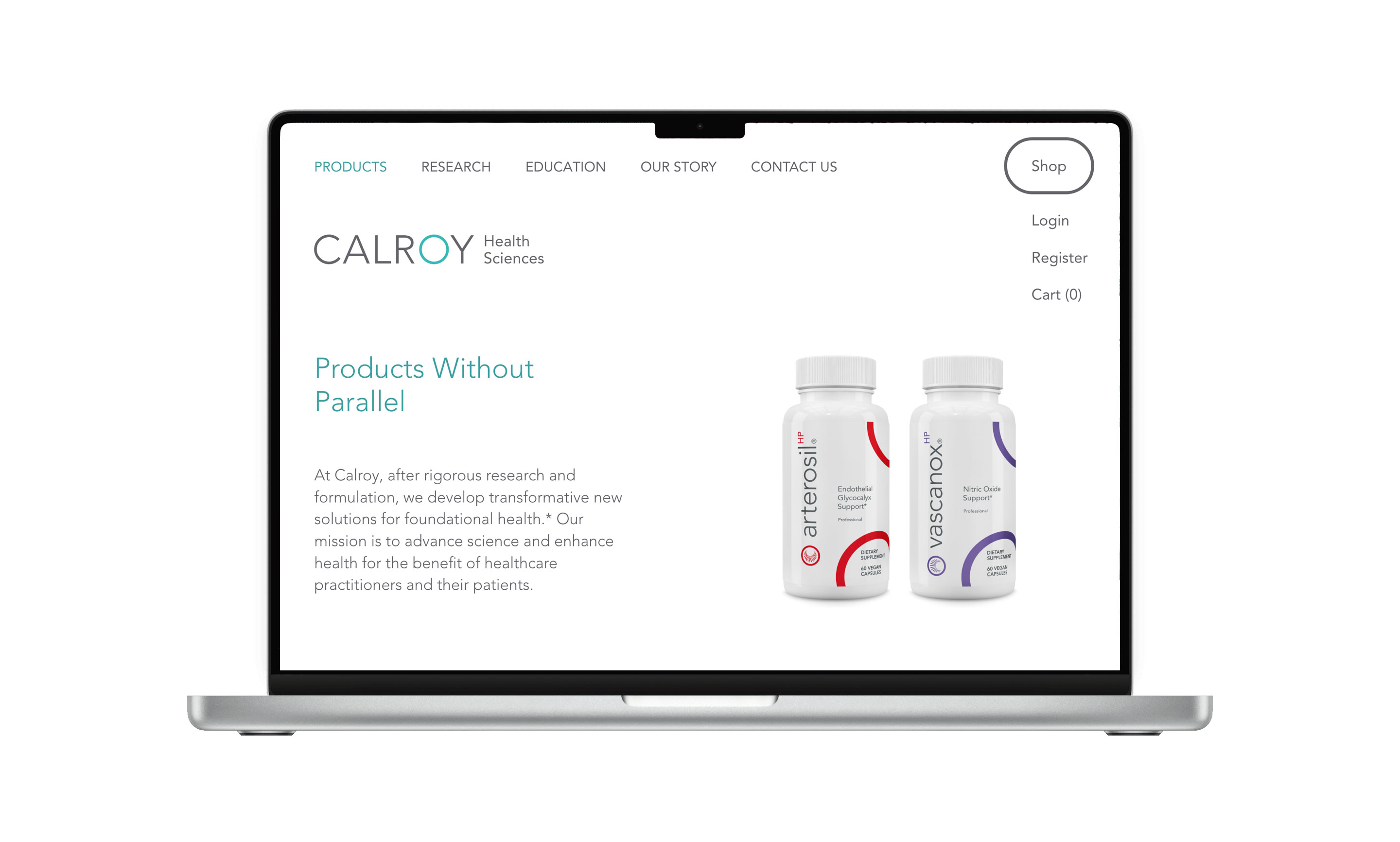 Calroy Health Sciences website viewed in monitor